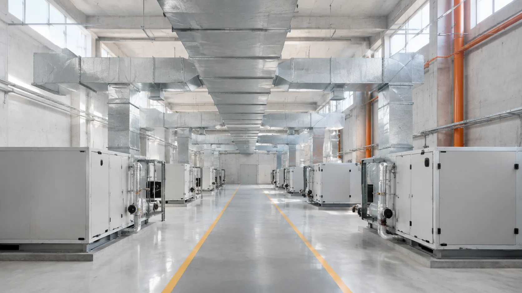 Galvanised ductwork runs installed through a plant room ceiling