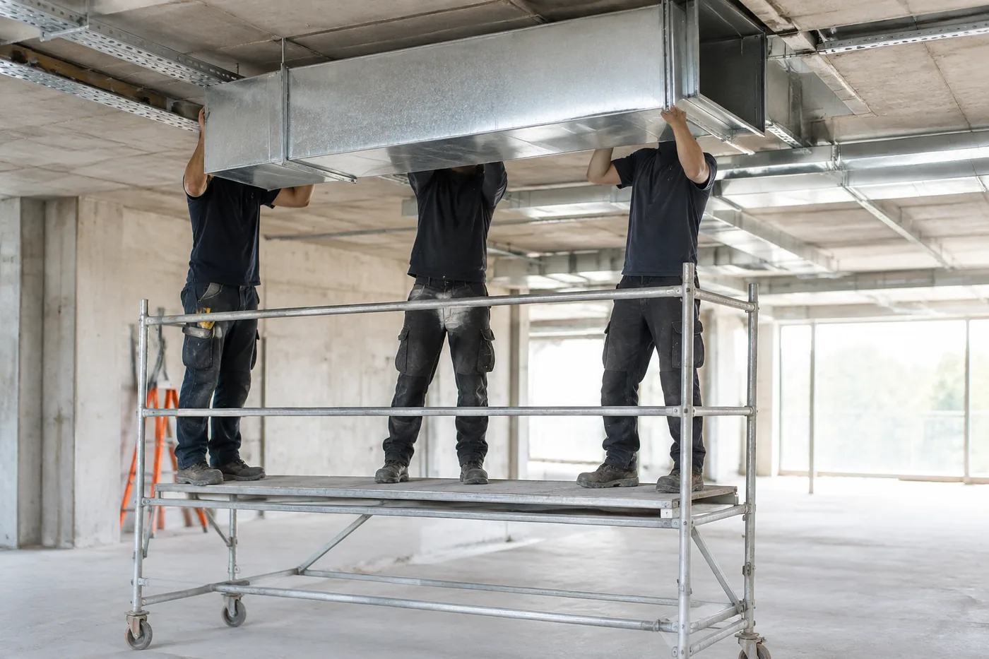 New rectangular ductwork being lifted into position